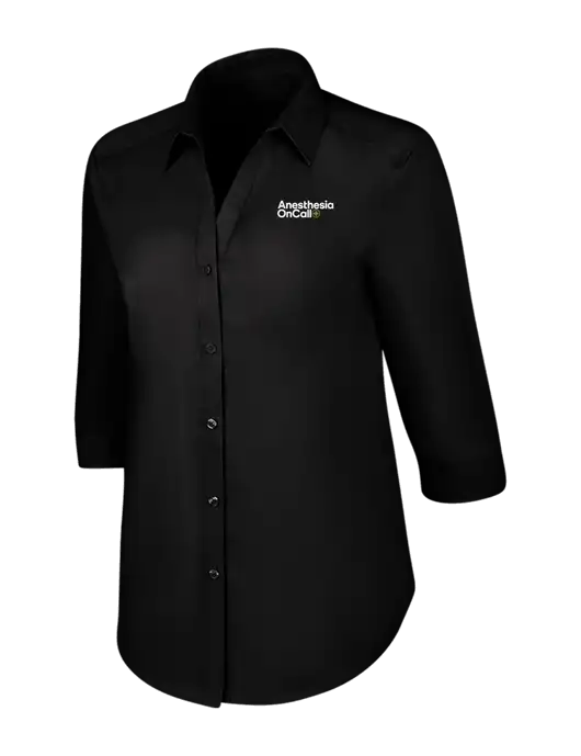 Womens Black 3/4 Sleeve Carefree Poplin Shirt w/Anesthesia OnCall Logo