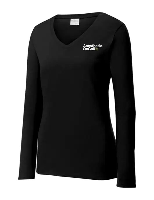 Womens V-Neck Ring Spun Jet Black 4.5 oz Long Sleeve T-Shirt w/Anesthesia OnCall Logo
