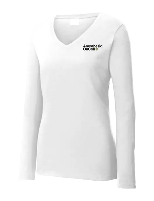 Womens  V-Neck Ring Spun White 4.5 oz Long Sleeve T-Shirt w/Anesthesia OnCall Logo