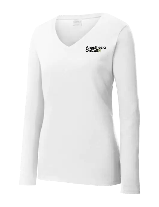 Womens  V-Neck Ring Spun White 4.5 oz Long Sleeve T-Shirt w/Anesthesia OnCall Logo