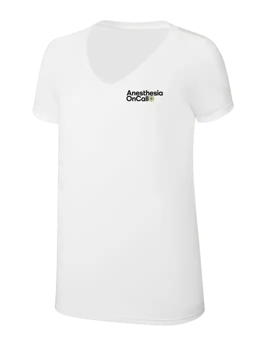 Womens Simply Soft V-Neck White 4.5oz  Poly/Combed Ring Spun Cotton T-Shirt w/Anesthesia OnCall Logo