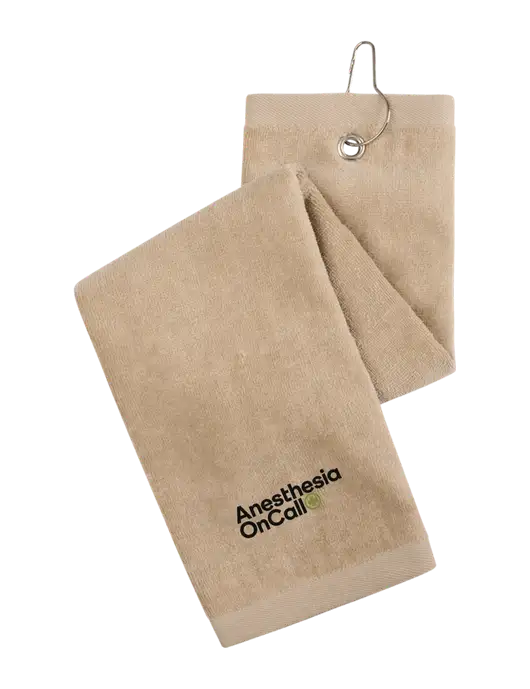 Khaki Tri-Fold Golf Towel with Grommet w/Anesthesia OnCall Logo