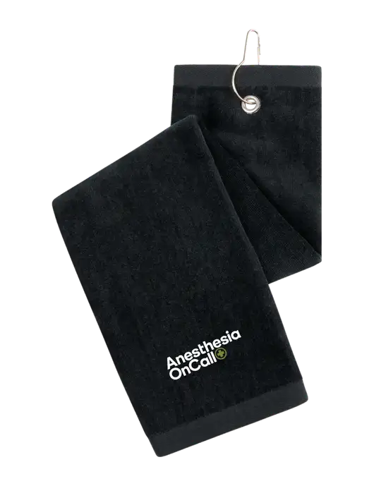 Black Tri-Fold Golf Towel with Grommet w/Anesthesia OnCall Logo