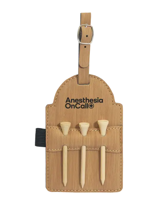 Bamboo Leatherette Golf Bag Tag with 3 Wooden Tees w/Anesthesia OnCall Logo