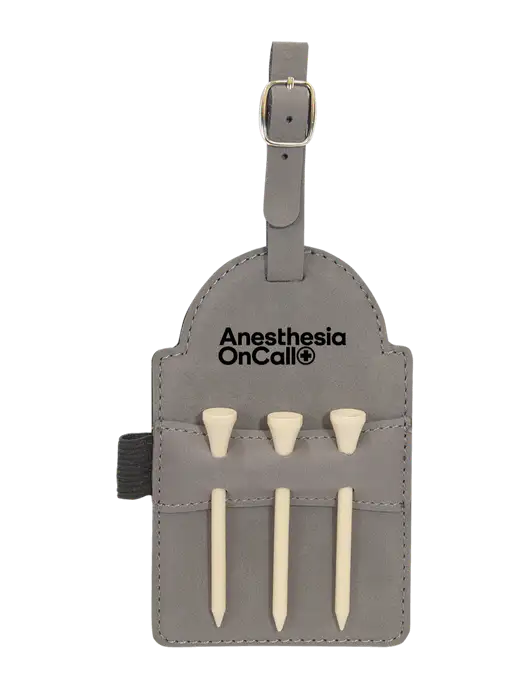 Grey Leatherette Golf Bag Tag with 3 Wooden Tees w/Anesthesia OnCall Logo