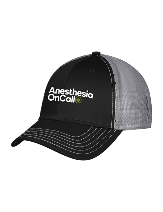 Black/Medium Dark Grey Mesh Trucker Cap Snap Back w/Anesthesia OnCall Logo