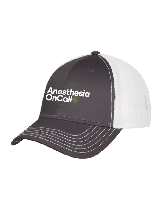 Dark Grey/White Mesh Trucker Cap Snap Back w/Anesthesia OnCall Logo