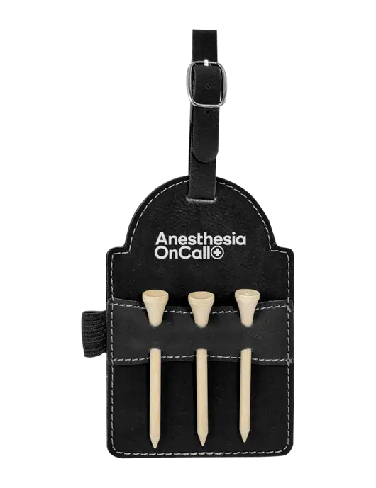 Black Leatherette Golf Bag Tag with 3 Wooden Tees w/Anesthesia OnCall Logo