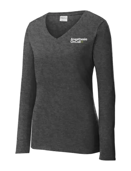 Womens  V-Neck Ring Spun Dark Heather Grey 4.5 oz Long Sleeve T-Shirt w/Anesthesia OnCall Logo