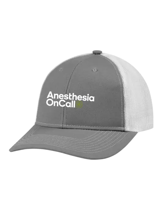 Snapback Ponytail Trucker Cap Light Medium Heather Grey w/White Mesh w/Anesthesia OnCall Logo