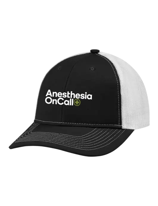 Snapback Ponytail Trucker Cap Black w/White Mesh w/Anesthesia OnCall Logo