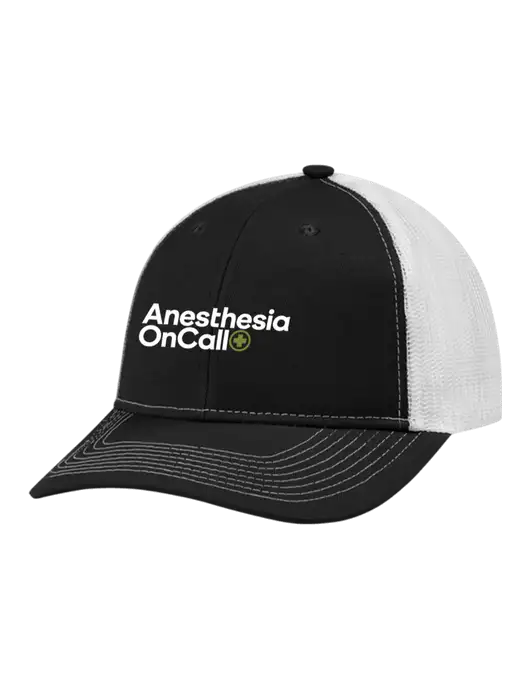 Snapback Ponytail Trucker Cap Black w/White Mesh w/Anesthesia OnCall Logo