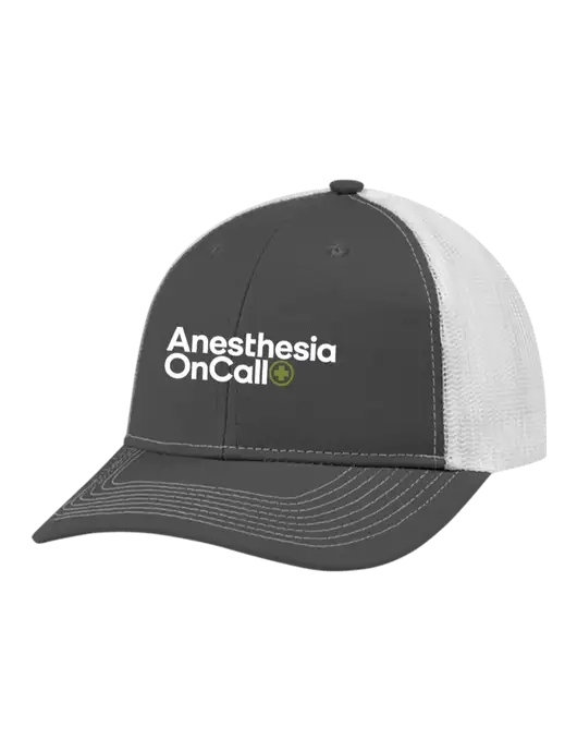 Snapback Ponytail Trucker Cap Dark Grey w/White Mesh w/Anesthesia OnCall Logo