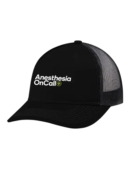 Snapback Ponytail Trucker Cap Black w/Black Mesh w/Anesthesia OnCall Logo