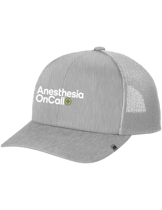 TravisMathew Light Medium Grey Heather Cruz Trucker Cap w/Anesthesia OnCall Logo