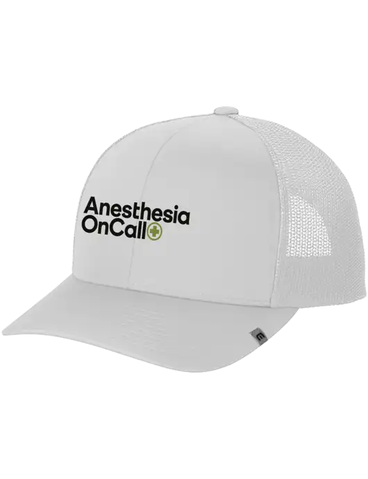 TravisMathew White Cruz Trucker Cap w/Anesthesia OnCall Logo