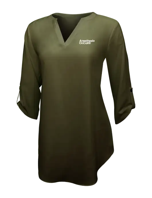 Womens Dark Olive 3/4 Sleeve Tunic Blouse w/Anesthesia OnCall Logo